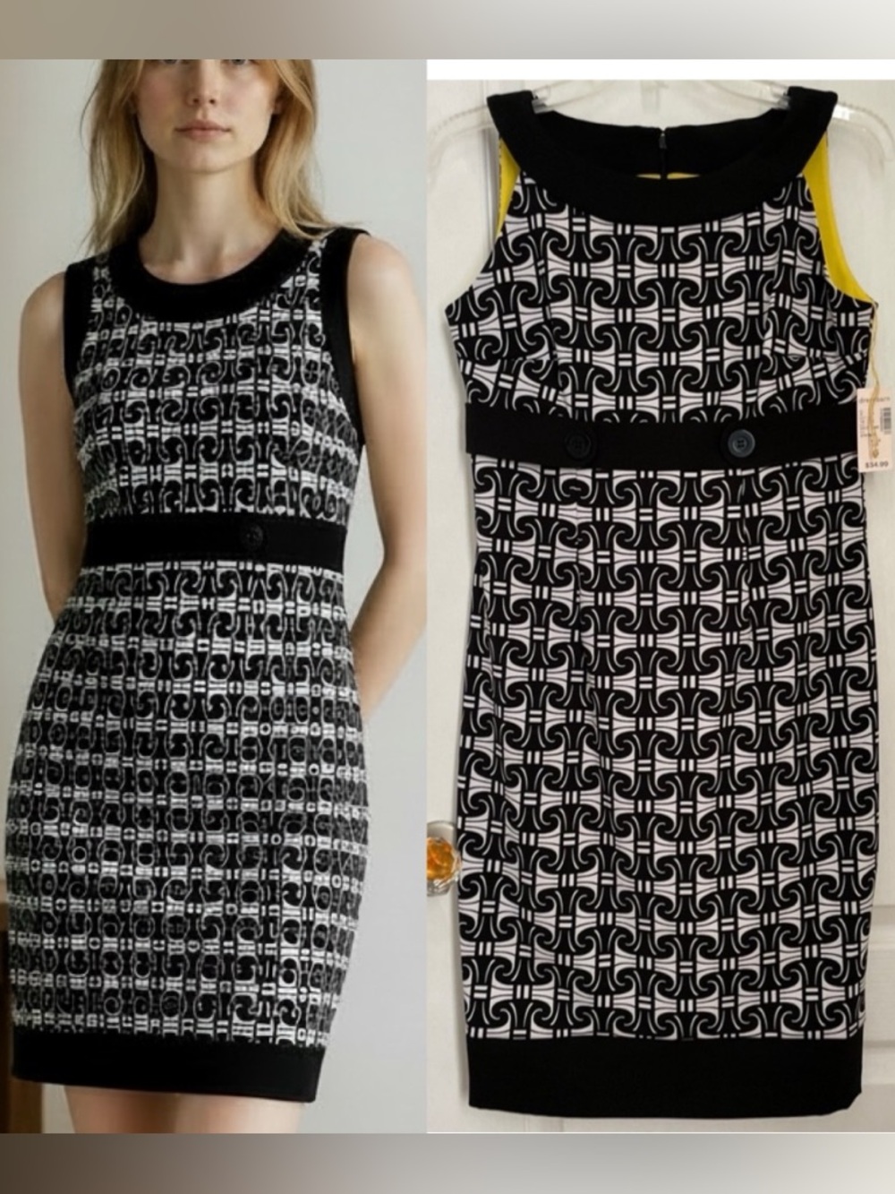 DRESSBARN EMPIRE WAIST SLEEVELESS  DRESS. Black & White, yellow lined. Size 6